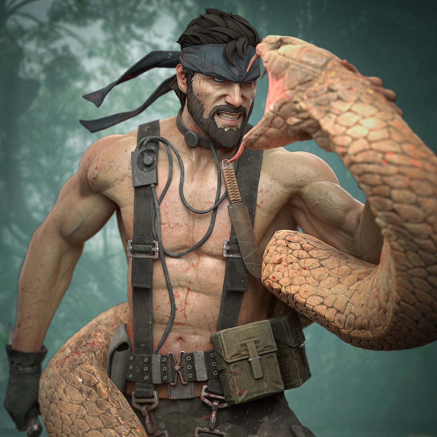 Big Boss Metal Gear Solid 1:8 scale statue colored render fighting a giant snake, knife in hand, wearing tactical gear and bandana.