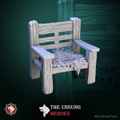 Rustic wooden tavern chair with fur cushion – fantasy RPG furniture prop for Dungeons & Dragons, Pathfinder, and Warhammer.