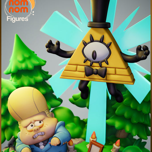 Colored render of Chibi Bill Cipher scene with Bill levitating in front of glowing blue light, surrounded by candles and a frightened character in a suit.