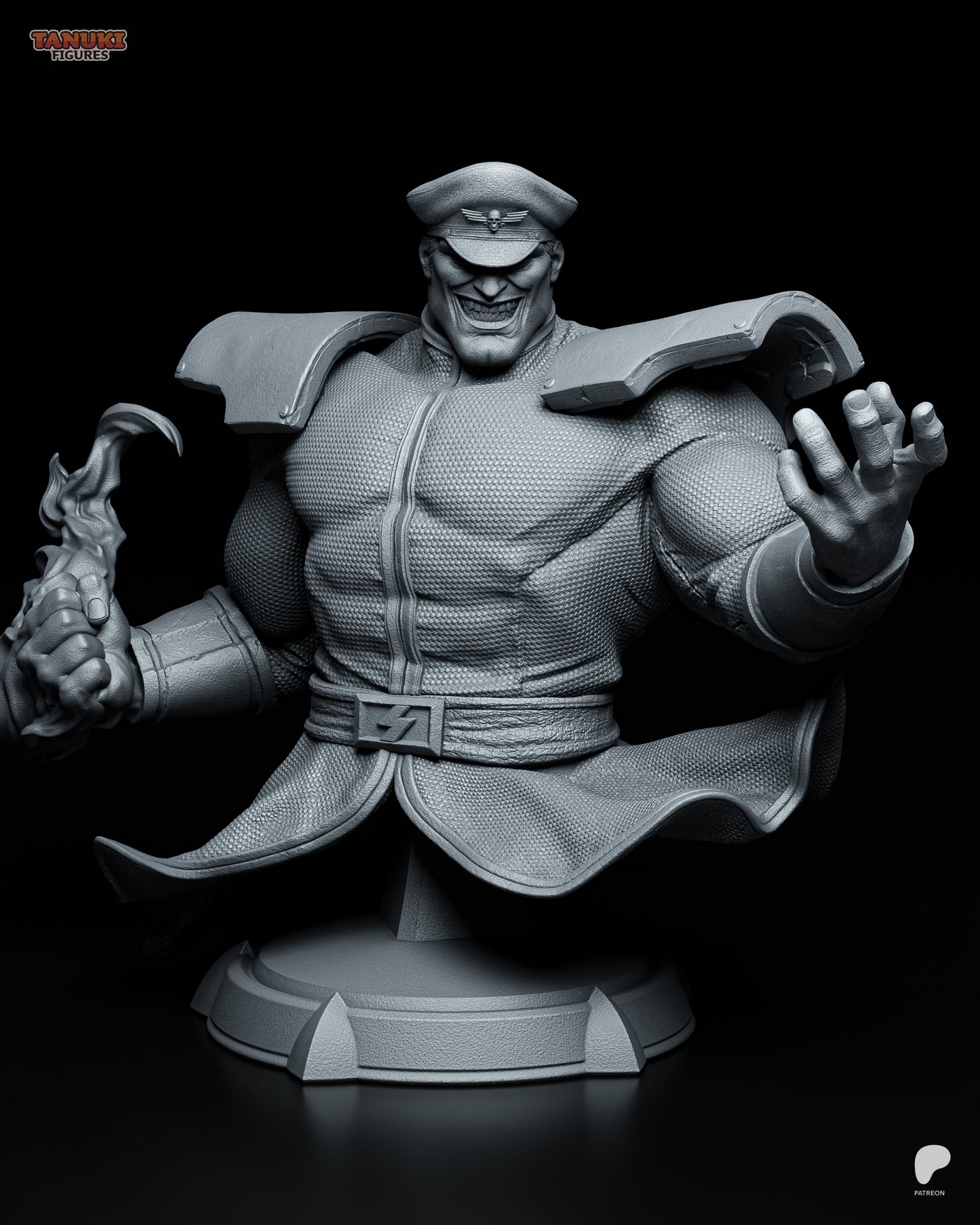 M. Bison Street Fighter bust unpainted sculpt showing grinning expression, large shoulder armor, military cap, muscular torso, and posed hand gesture on rounded display base.