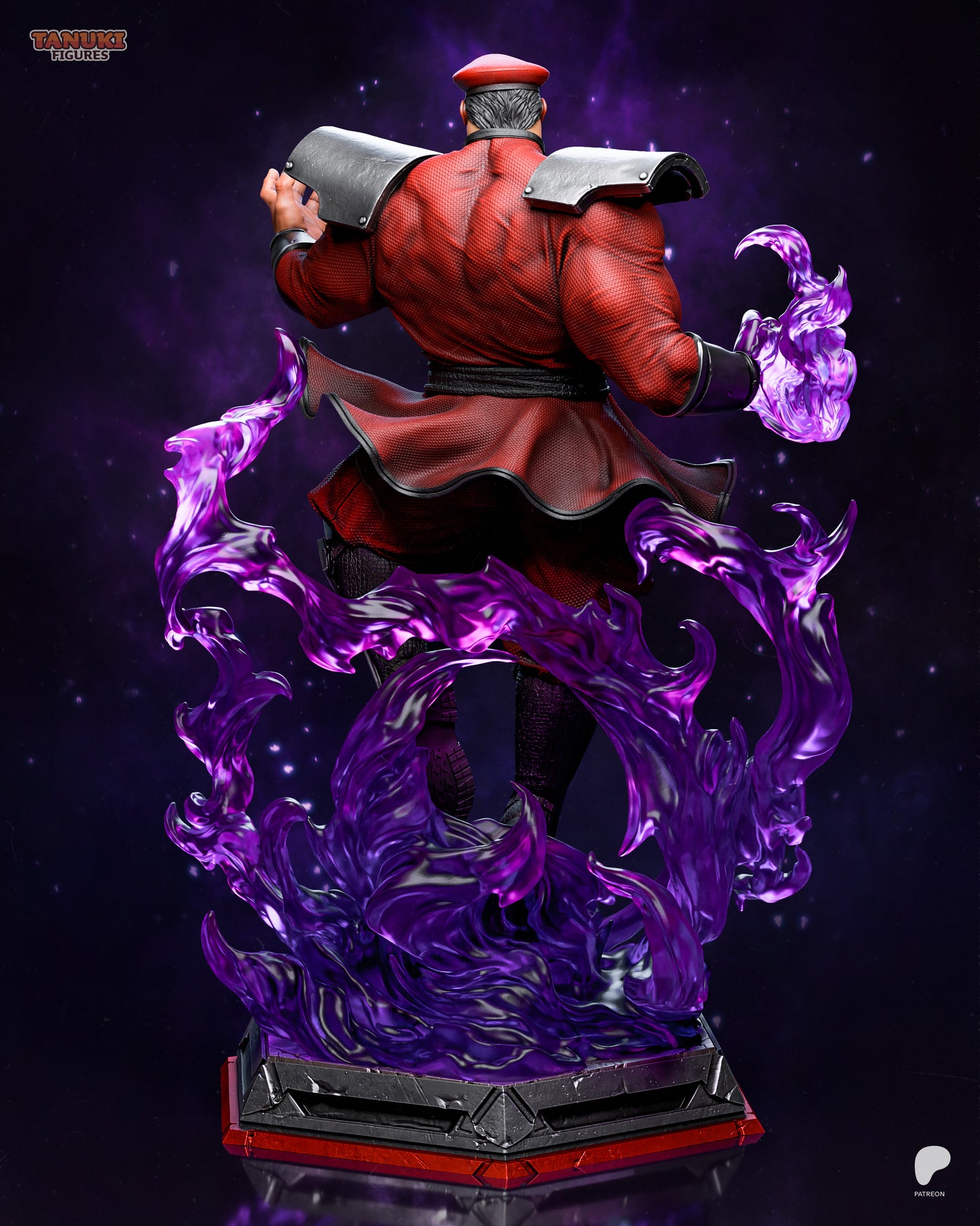 M. Bison Street Fighter figure painted back view featuring flowing psycho energy effects, textured uniform, shoulder armor, and figure stance on themed base.