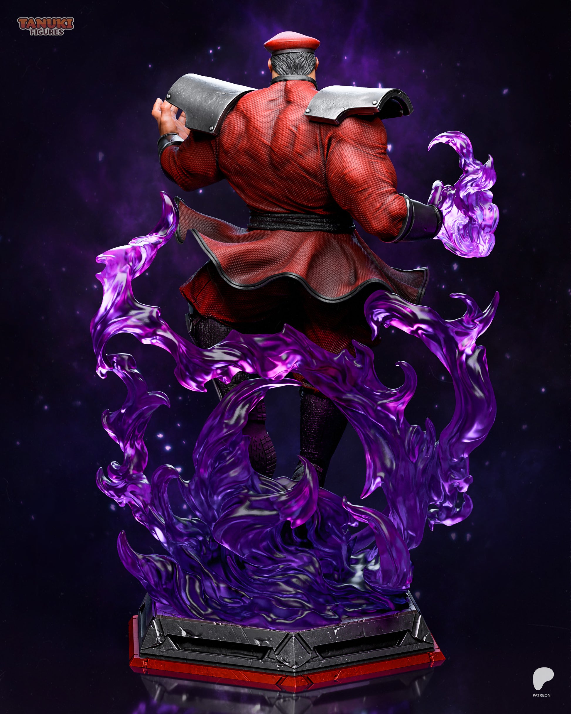 M. Bison Street Fighter figure painted back view featuring flowing psycho energy effects, textured uniform, shoulder armor, and figure stance on themed base.