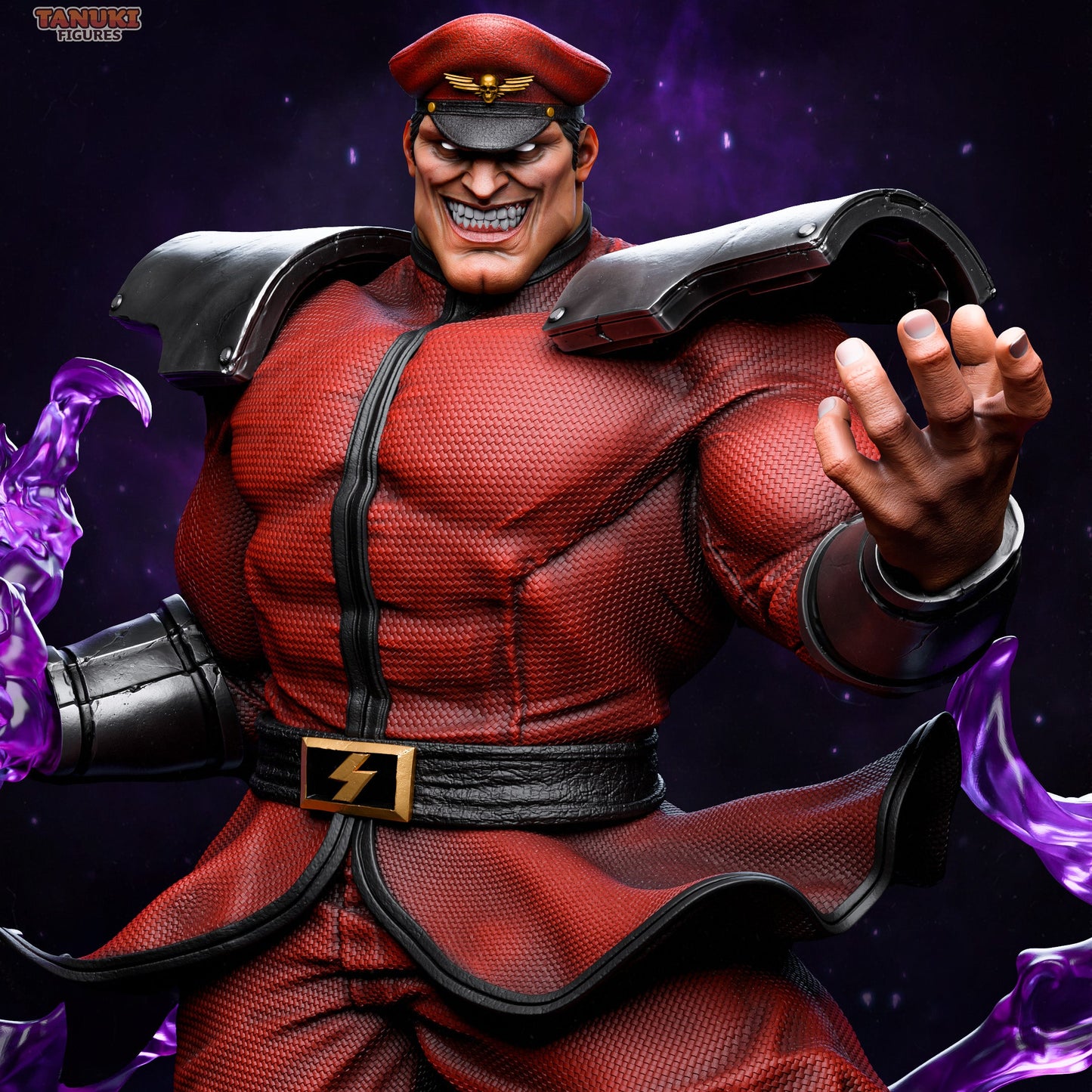 M. Bison Street Fighter figure painted upper body showing detailed uniform texture, military cap, shoulder armor, expressive face, and swirling psycho energy effects.
