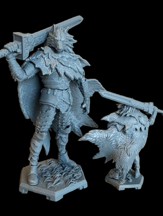 Blaidd Half-Wolf miniature holding greatsword over shoulder, wearing fur cloak and scale armor, standing on detailed stone base for Dungeons & Dragons.