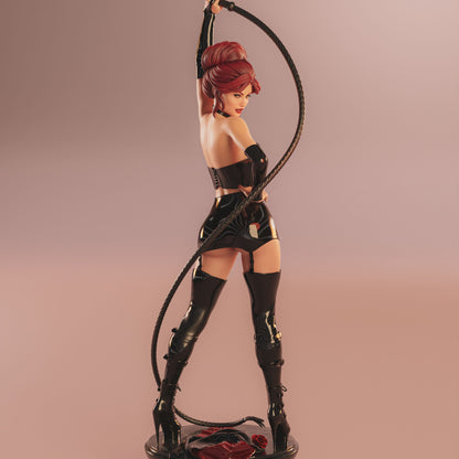 Black Queen Jean Grey 1:4 scale figure standing on round display base, wearing corset, thigh-high boots, gloves, and holding a raised whip overhead in dominant pose.