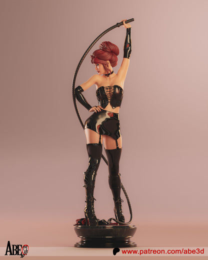 Black Queen Jean Grey 1:4 scale figure angled view, holding whip above shoulder, wearing corset, garter straps, thigh-high boots, and standing on round base.