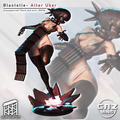Anime bomb devil inspired female miniature painted render, leaping stance with explosive helmet and oversized cannon arm, standing on glowing crystal blast base