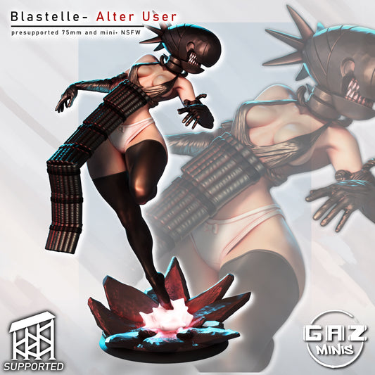 Anime bomb devil inspired female miniature painted render, leaping stance with explosive helmet and oversized cannon arm, standing on glowing crystal blast base