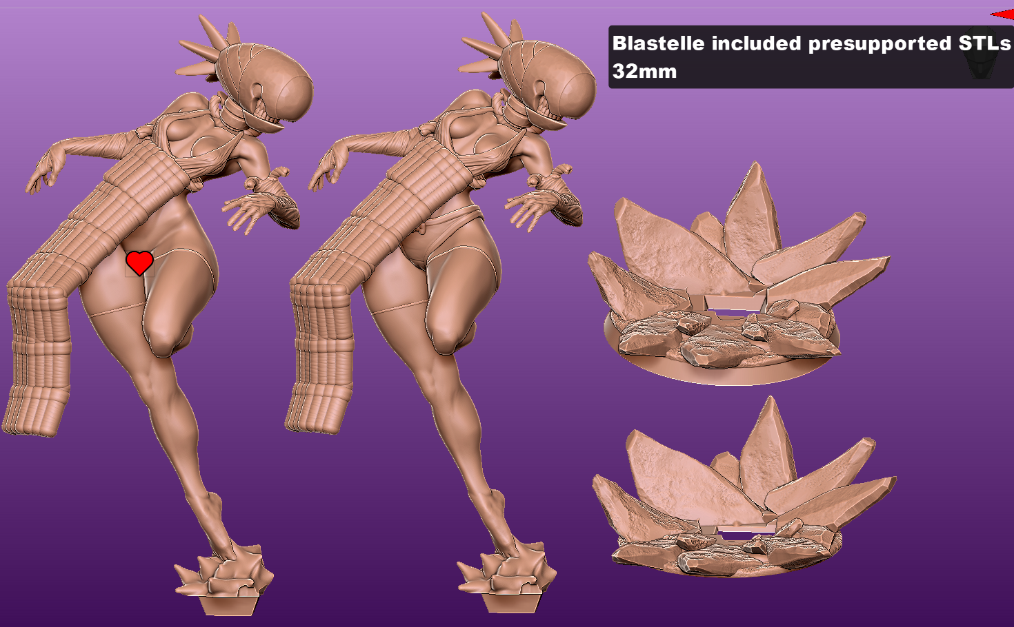 Bomb devil female miniature 32mm sculpt with helmeted explosive head and articulated arm cannon, dynamic running pose, rocky shard base, anime horror mini