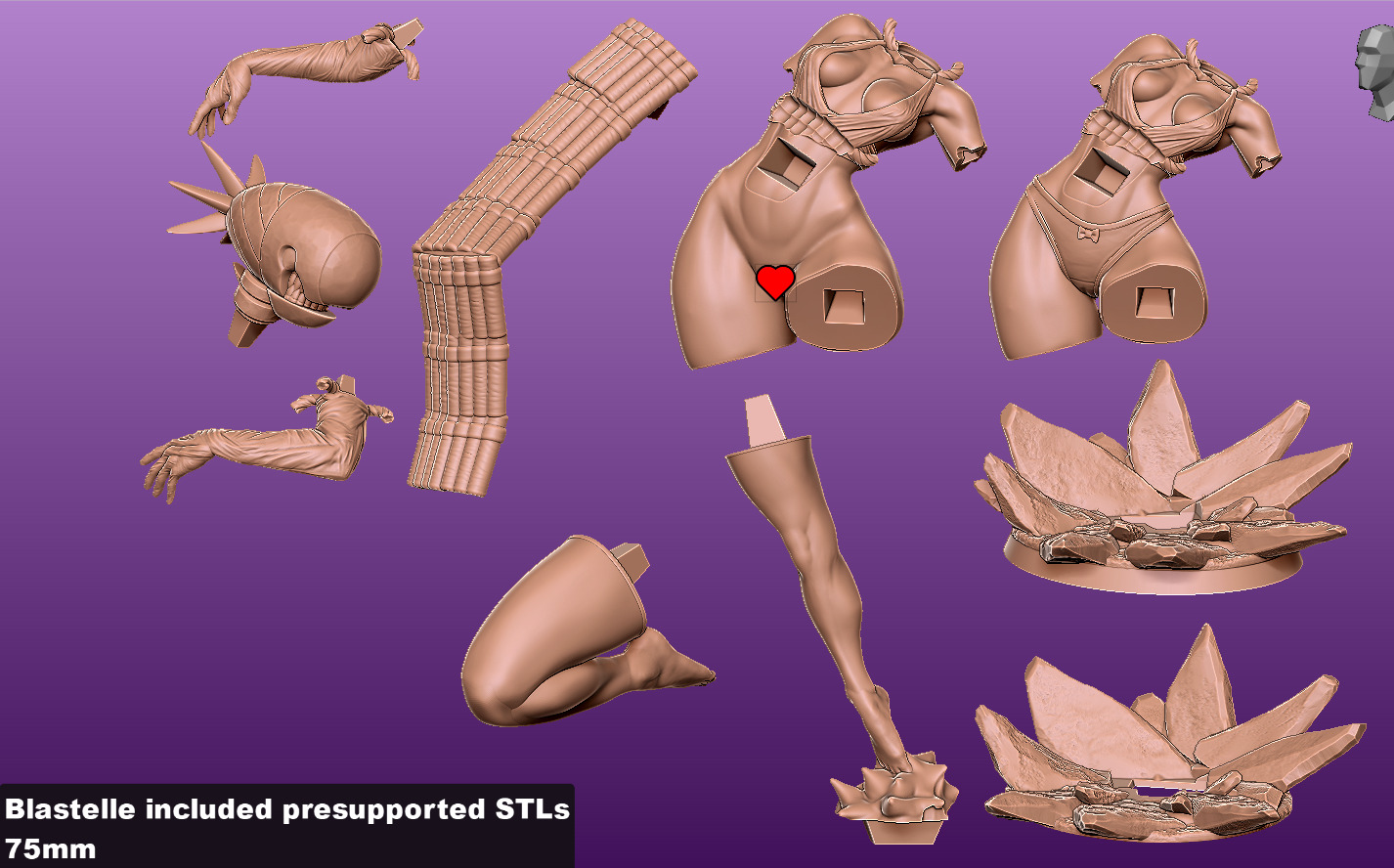 Bomb devil inspired female 75mm miniature parts layout including torso, legs, helmet head, cannon arm and crystal explosion base, NSFW anime figure kit