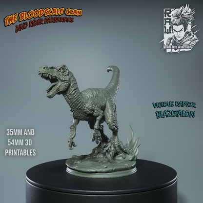 Unpainted render of Blazetalon, the raptor, in mid-stride with mouth open and claws extended, standing atop a scenic swamp base.