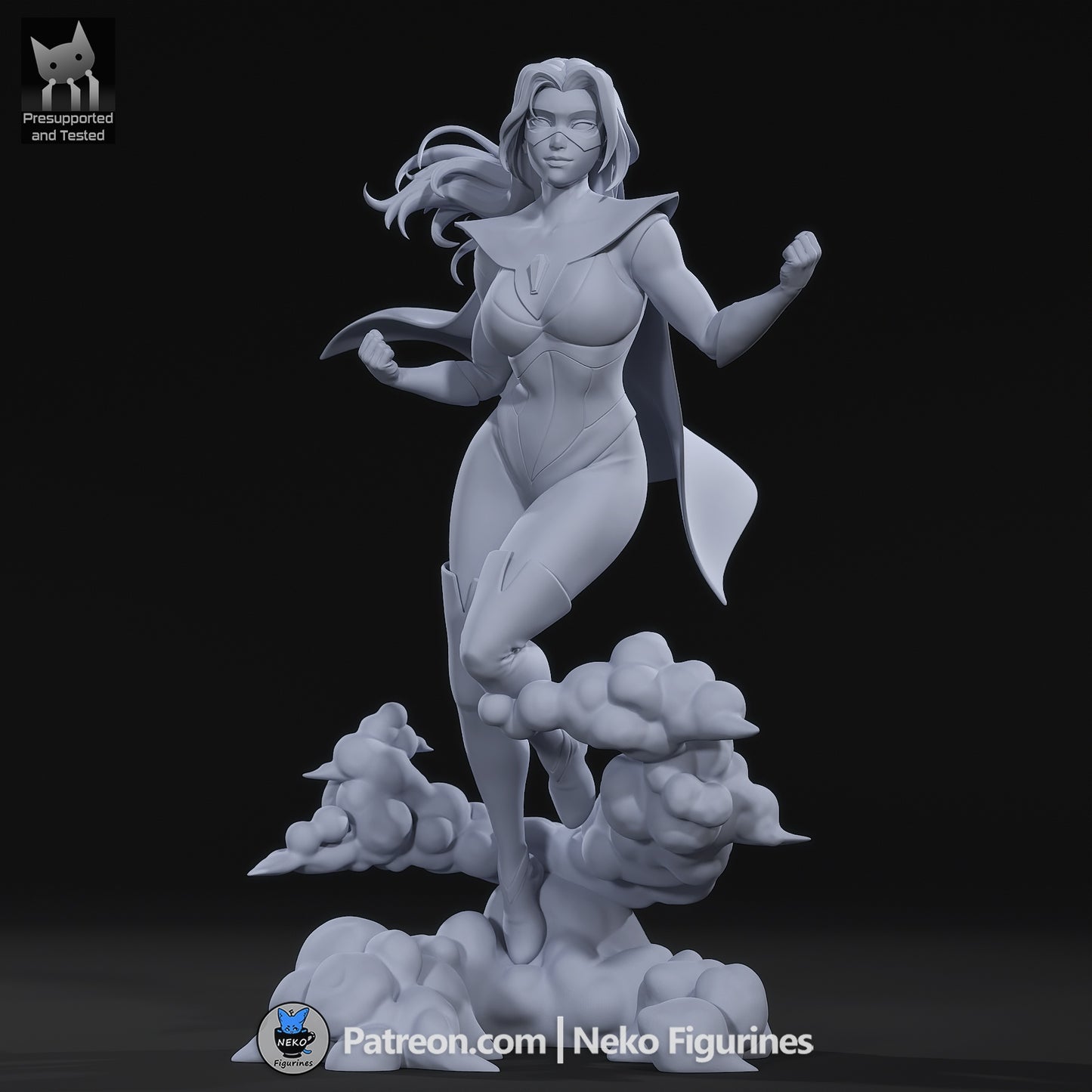 Blonde Blazar Dispatch superhero collectible unpainted grayscale front view showing muscular bodysuit, cape flow, dynamic stance, and cloud base