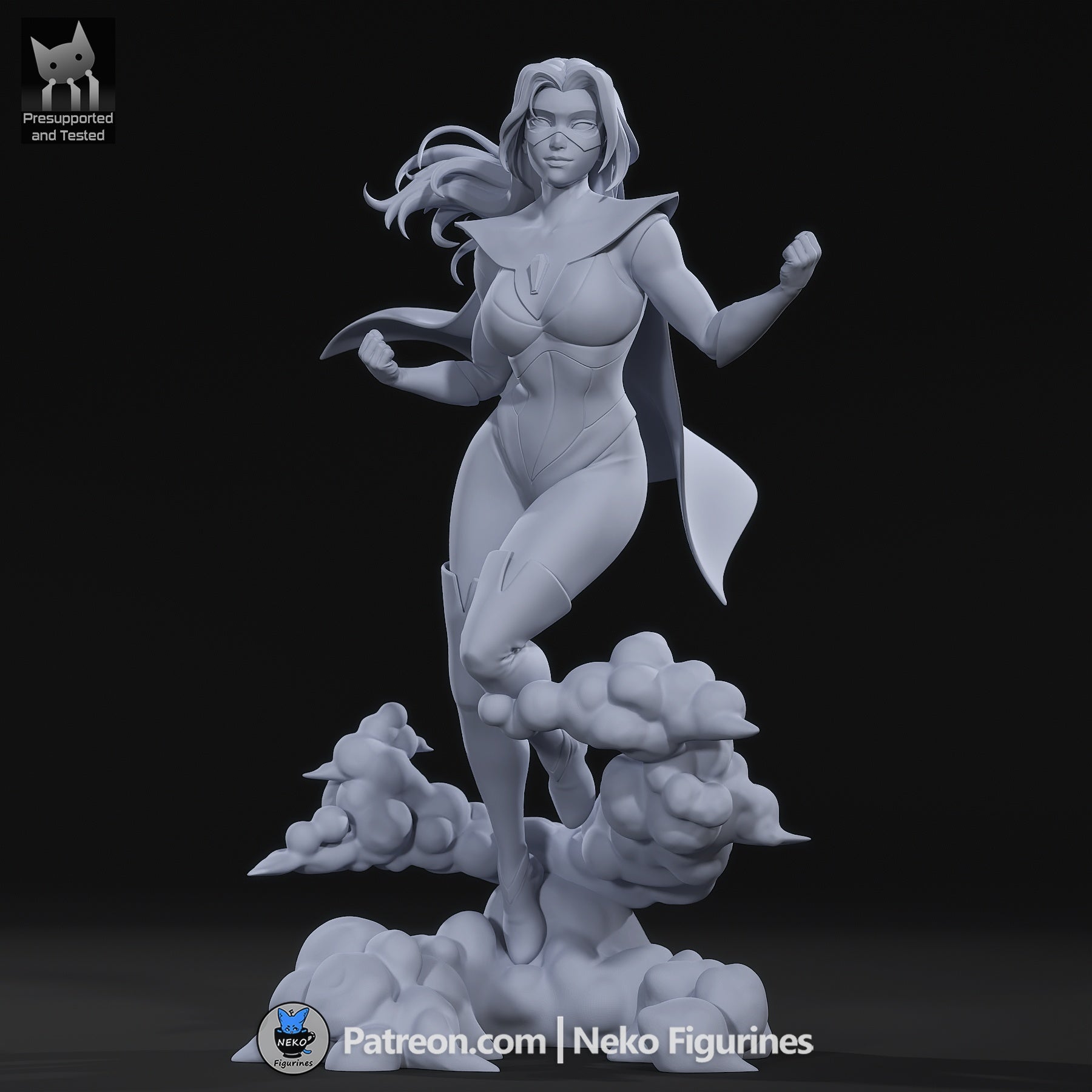 Blonde Blazar Dispatch superhero collectible unpainted grayscale front view showing muscular bodysuit, cape flow, dynamic stance, and cloud base