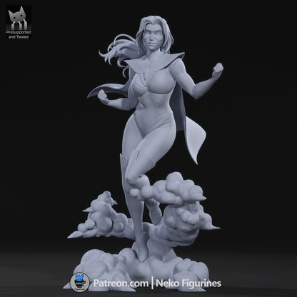 Blonde Blazar Dispatch superhero collectible unpainted grayscale front view showing muscular bodysuit, cape flow, dynamic stance, and cloud base