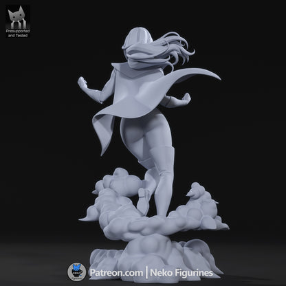 Blonde Blazar Dispatch superhero collectible unpainted grayscale rear view showing cape motion, hair flow, leg stance, and layered cloud base