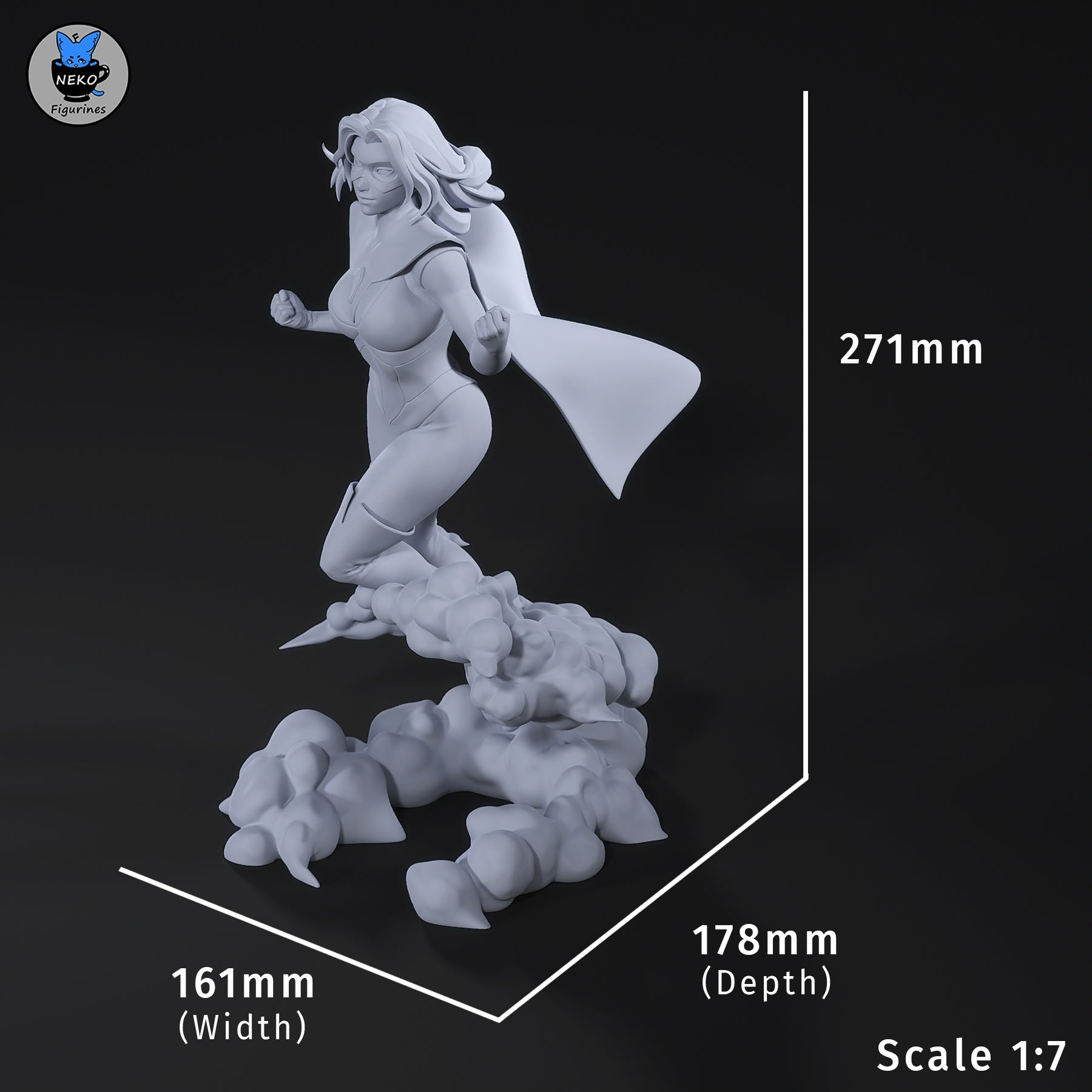 Blonde Blazar Dispatch superhero collectible full figure with cloud base showing height width and depth measurements for 1:7 scale display statue