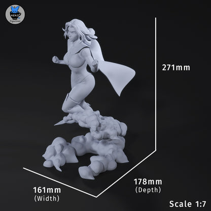 Blonde Blazar Dispatch superhero collectible full figure with cloud base showing height width and depth measurements for 1:7 scale display statue