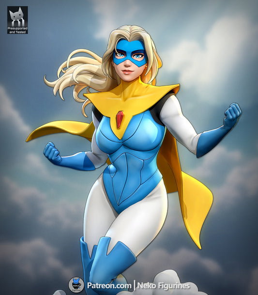 Blonde Blazar Dispatch superhero collectible mid-air flight pose with clenched fists, flowing cape, masked face, and cloud base without energy effects