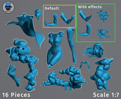 Blonde Blazar Dispatch superhero collectible parts layout showing modular arms, cape, cloud base, alternate energy effect hands, and head pieces for 1:7 scale figure assembly
