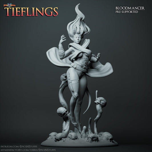 A Tiefling Bloodmancer miniature hovering above skulls with tendrils of magic rising around her. She has wild hair, a confident stance, and flowing robes, ideal for a dark magic or warlock role in TTRPGs.