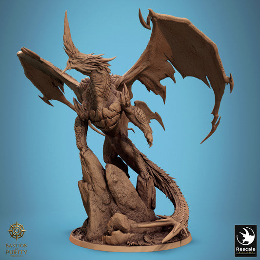 Chromatic Blue Dragon miniature in a landing pose with wings wide, perched on a rocky cliff base. Features large horn crest and textured scales throughout.