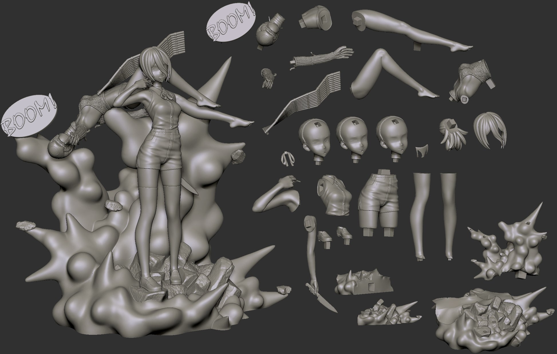 Reze and Bomb Devil Chainsaw Man figure presupported full version with bomb explosion base, sleeveless shirt, shorts, 1:7 scale