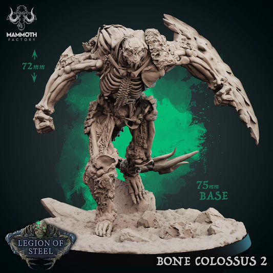 Bone Colossus miniature in advancing stance with scythe-like claw and skeletal chest armor, towering undead creature ideal for dark fantasy tabletop roleplaying games.