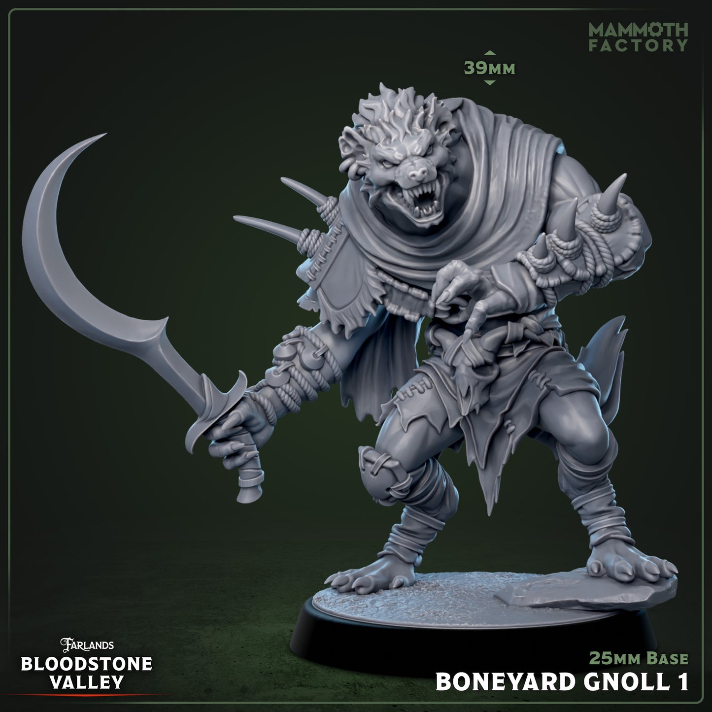 Boneyard Gnoll miniature holding curved blade, snarling expression, wrapped armor details, 25mm base.