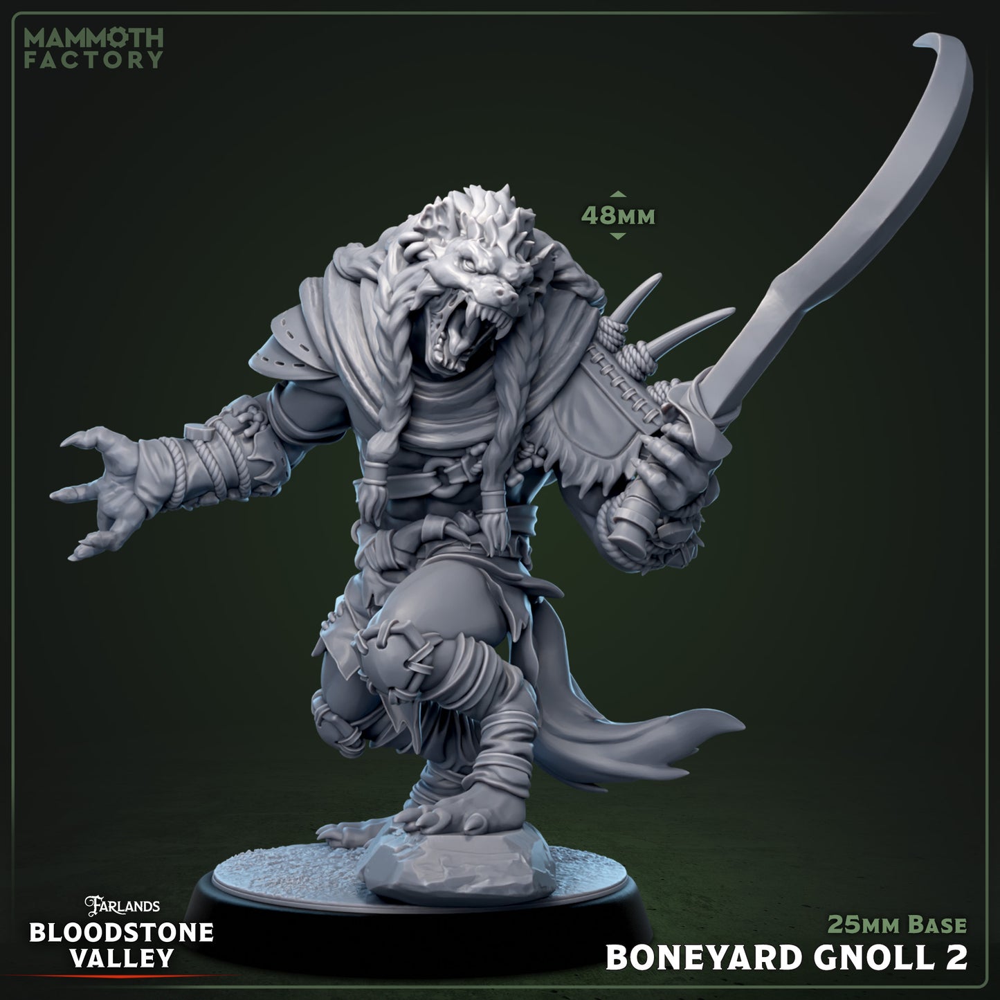 Boneyard Gnoll miniature in lunging pose with raised sword, open-mouthed roar, armored shoulders, 25mm base.