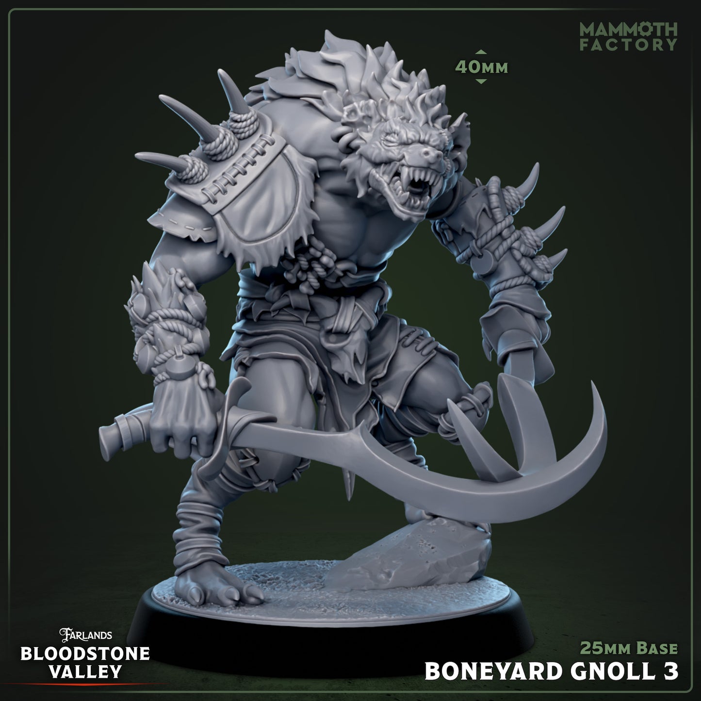 Boneyard Gnoll miniature wielding dual curved swords, muscular stance, snarling face, layered armor, 25mm base.