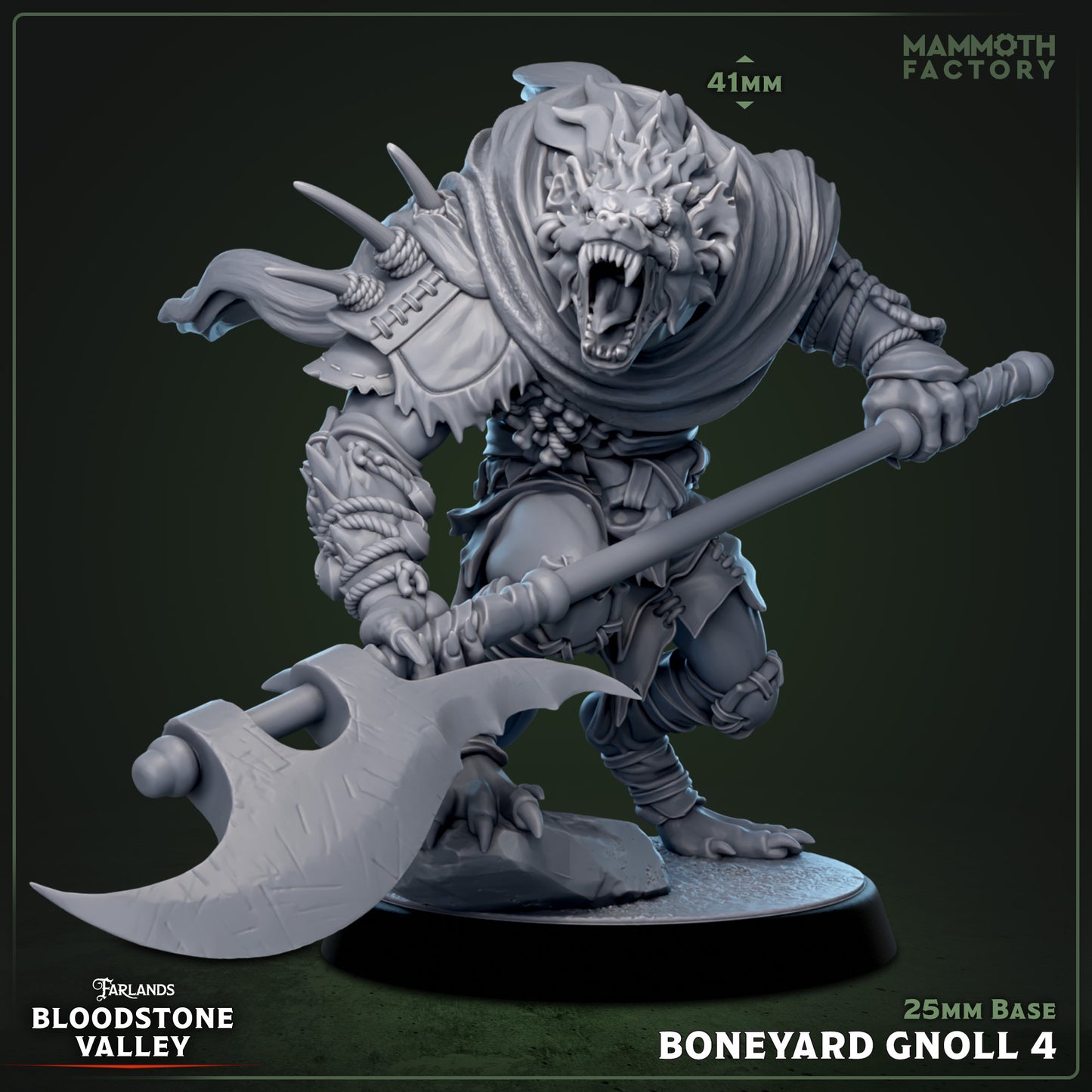 Boneyard Gnoll miniature gripping large battle axe, crouched aggressive stance, armored arms and legs, 25mm base.
