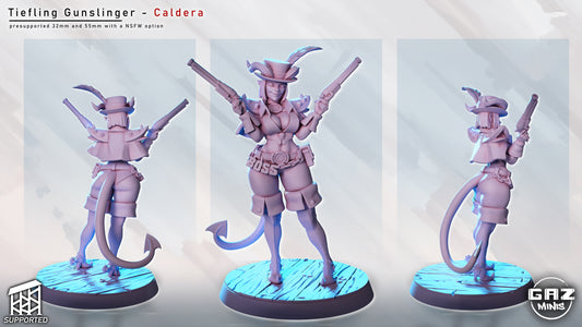 Tiefling gunslinger miniature front view dual pistols raised confident stance tail curled wide-brim hat fantasy RPG character