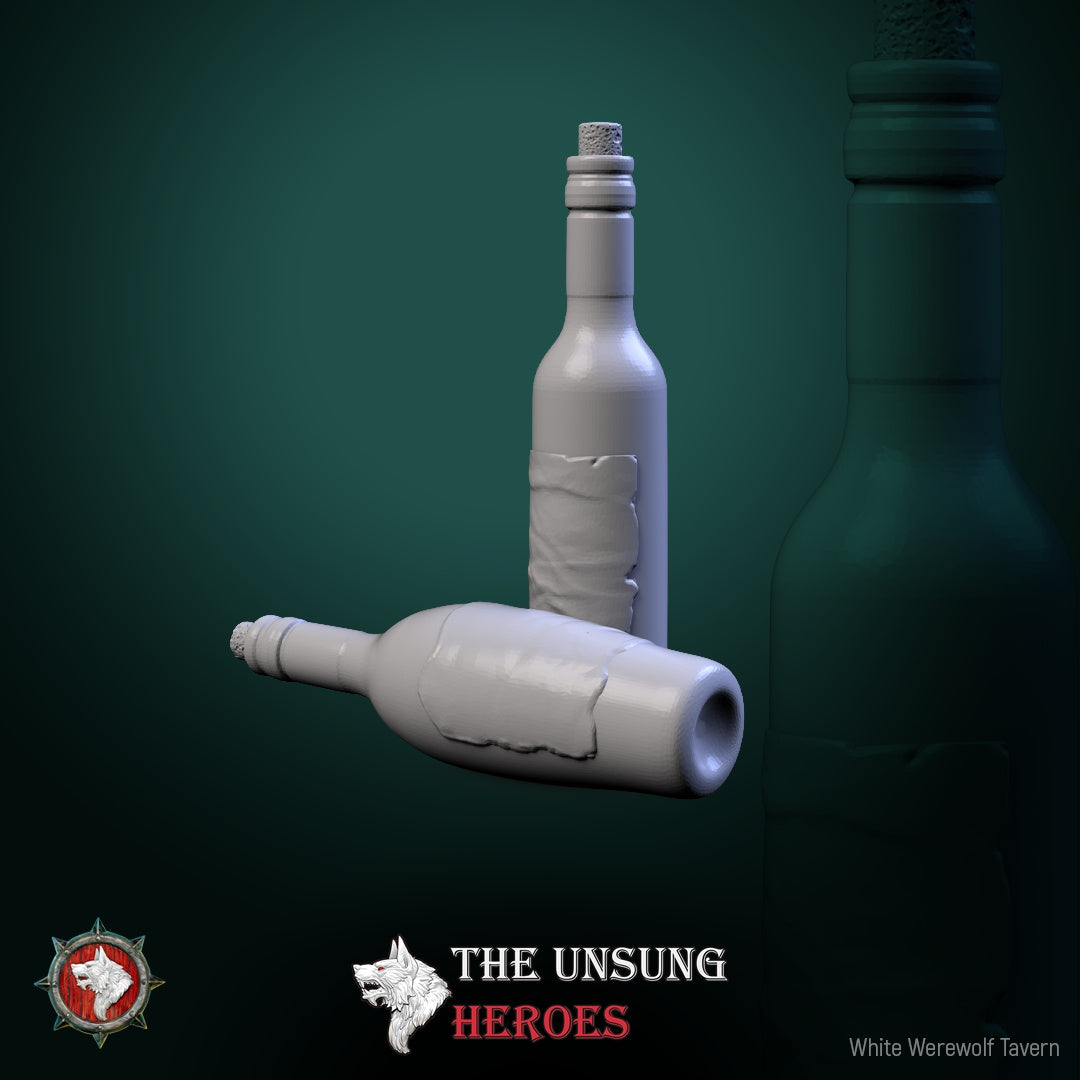 Pair of rustic wine bottles with corks – fantasy RPG tavern prop for Dungeons & Dragons and Warhammer settings