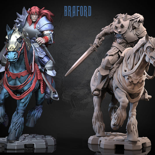 Painted and unpainted render of Braford knight miniature riding warhorse, with long hair, spiked shoulder armor, and sword ready for battle.