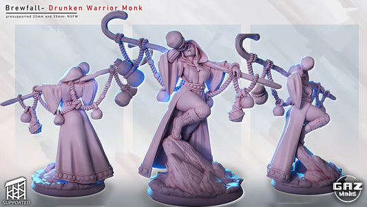 Female human monk miniature side and rear views, hooded drunken warrior with hooked staff and hanging gourds, standing on rocky terrain base, fantasy tabletop RPG mini