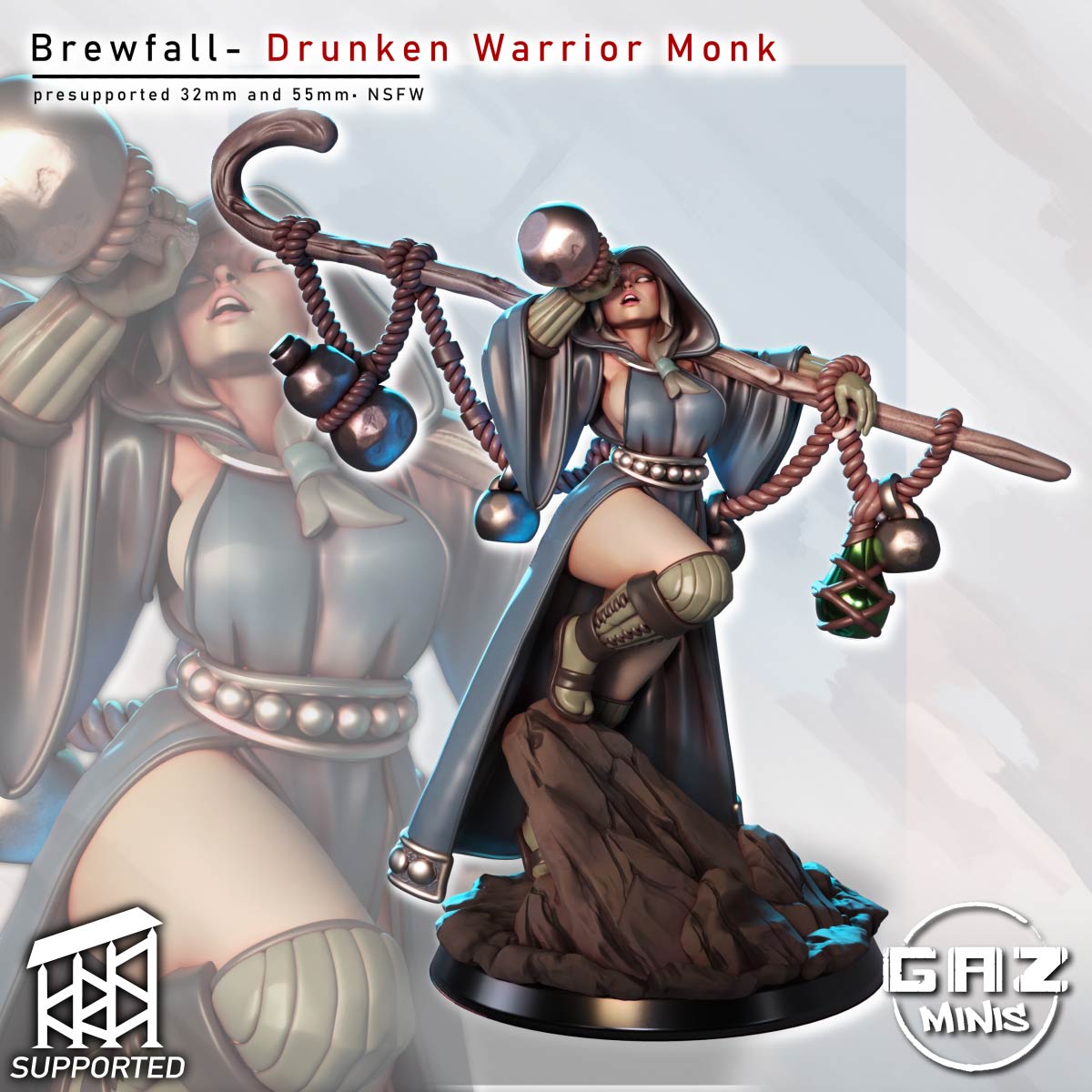 Human drunken warrior monk miniature painted render, hooded female martial artist balancing staff with rope-bound flasks, dynamic rock base, DnD Pathfinder monk model