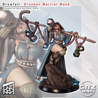 Human drunken warrior monk miniature painted render, hooded female martial artist balancing staff with rope-bound flasks, dynamic rock base, DnD Pathfinder monk model