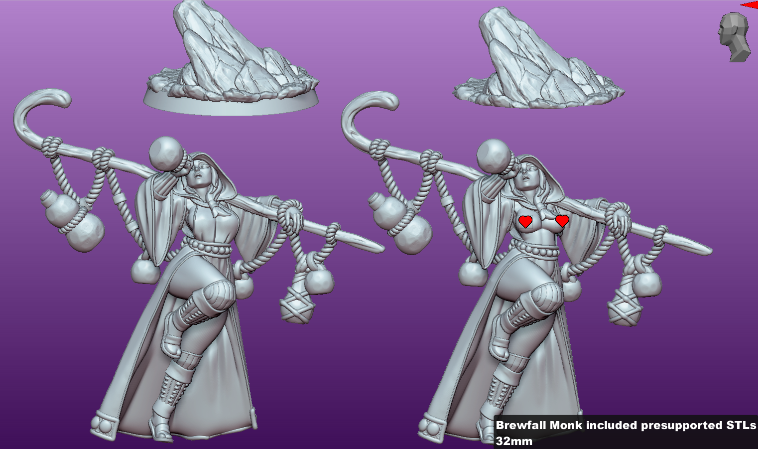 Drunken monk female miniature STL overview showing base rock, hooded torso, staff with rope and gourd flasks, 32mm fantasy Dungeons and Dragons monk mini