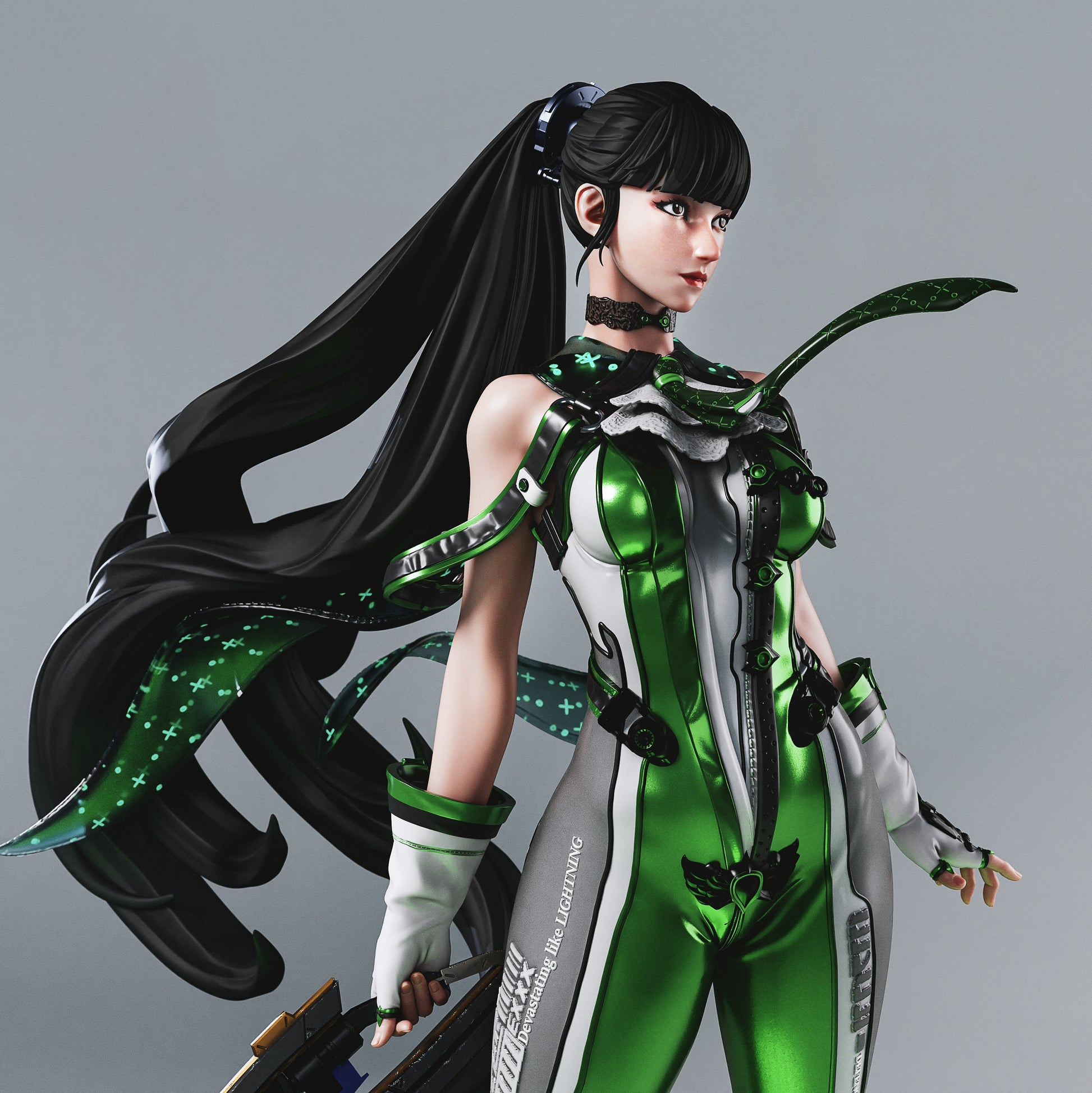 Eve Stellar Blade collectible close-up showing face, flowing hair, and detailed green combat outfit.