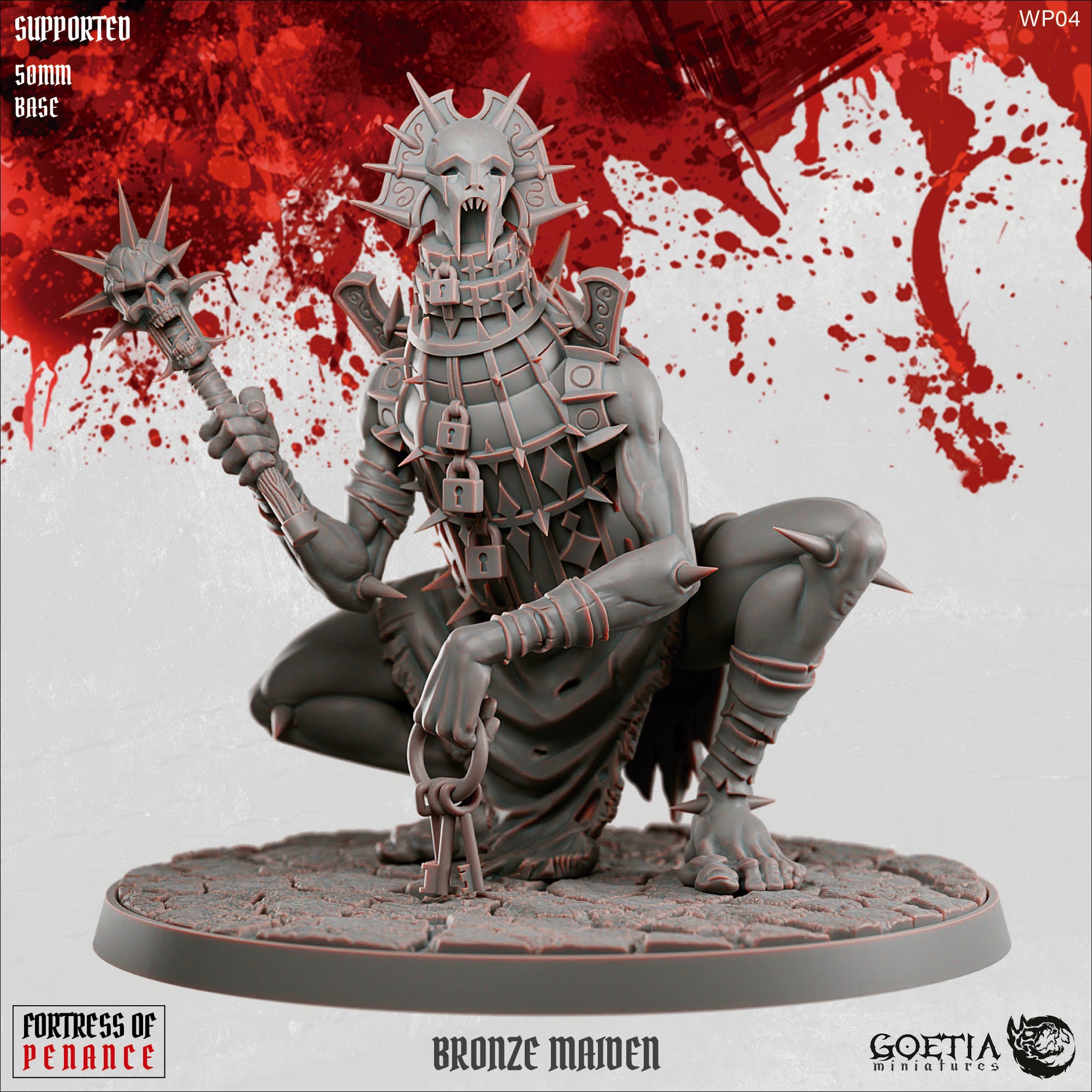 Bronze Maiden construct punisher miniature from Fortress of Penance resembling an animated iron maiden with humanoid limbs, wearing spiked restraints and padlocked armor, crouched on a cracked stone base while holding a spiked mace and keys, grimdark Dungeons and Dragons tabletop miniature