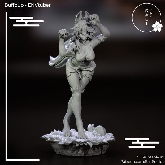 Buffpup Vtuber 1:7 scale unpainted statue front view, wolfgirl in clawing pose with fox ears, fluffy tail, and torn clothing, standing on flower base.