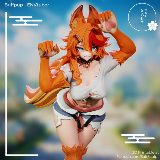 Buffpup Vtuber 1:7 scale figure alternate closeup, wolfgirl in torn shirt and shorts with fox ears, collar, and raised claw pose.