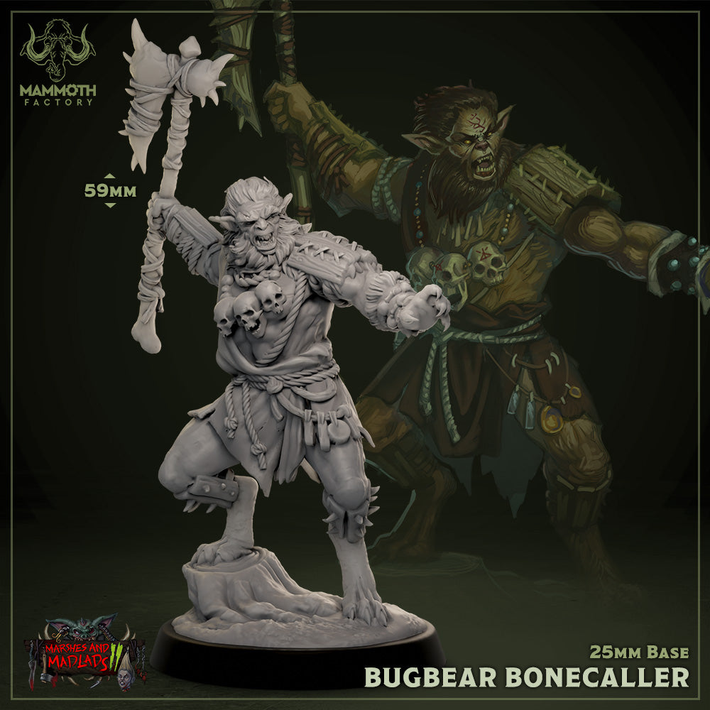 A Bugbear Bonecaller miniature wielding a large bone club, adorned with skulls and tattered cloth. The figure stands in an aggressive stance with a fearsome expression, perfect for fantasy tabletop RPGs like Dungeons & Dragons and Pathfinder, adding an intimidating presence to any campaign.