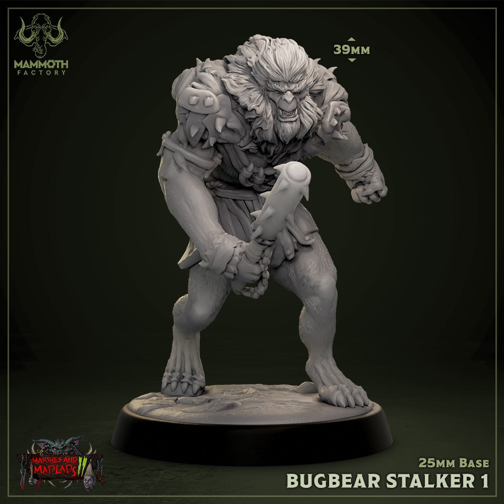 A Bugbear miniature in a stalking pose, wielding a crude club and clad in rugged, piecemeal armor. Features a muscular build and a fearsome expression, perfect for fantasy TTRPG settings like D&D or Pathfinder.