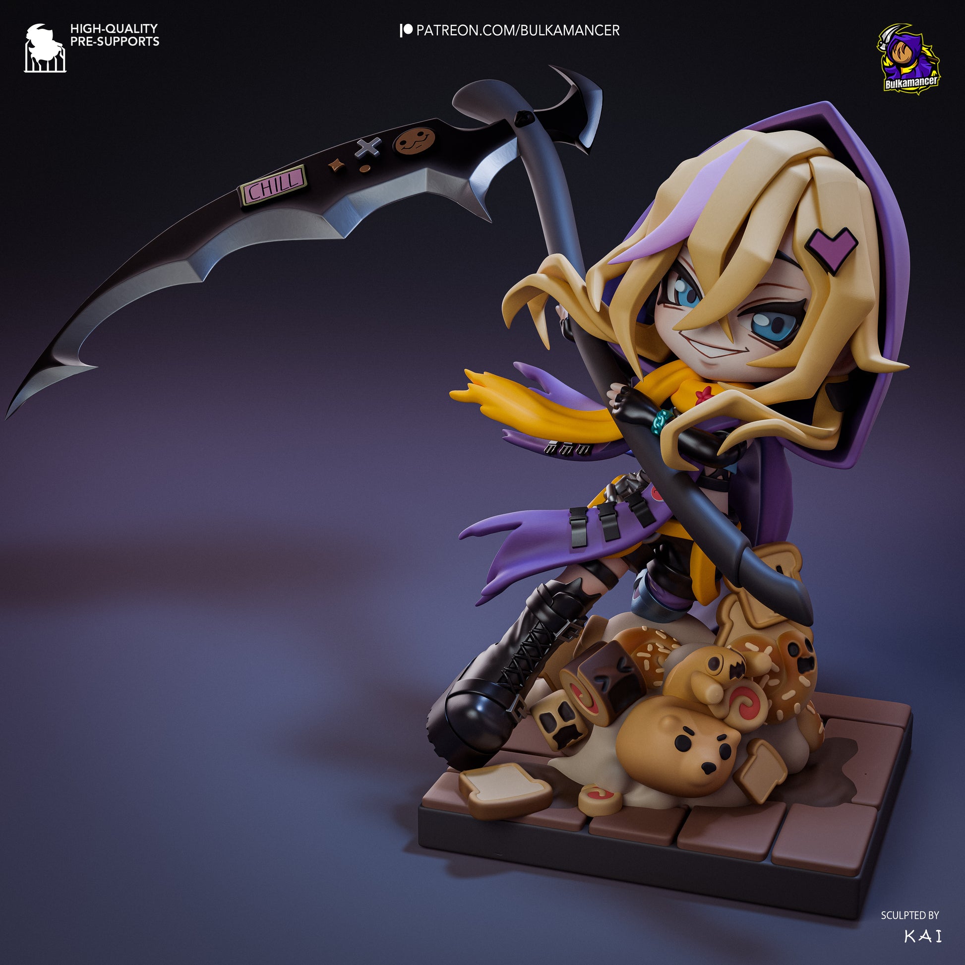 Chibi reaper figure posed with large stylized scythe, hooded cloak, layered outfit, scarf, and boots, standing on a base covered in pastry and bread creature designs; full color presentation of character sculpt.
