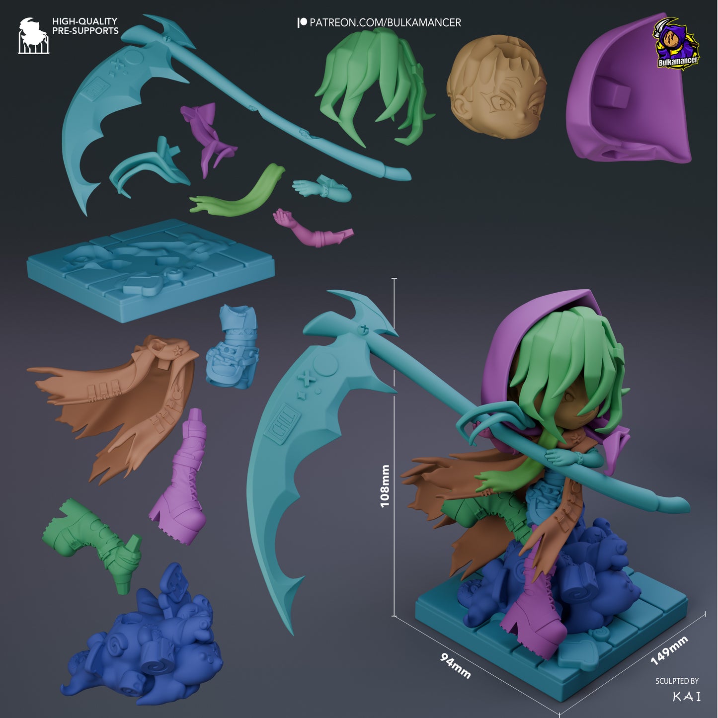 Chibi reaper figure shown in exploded view with individual parts including scythe, cloak, hair, arms, boots, pastry base, and tile base; assembled model displayed with dimensions 108mm height, 94mm width, and 149mm length.