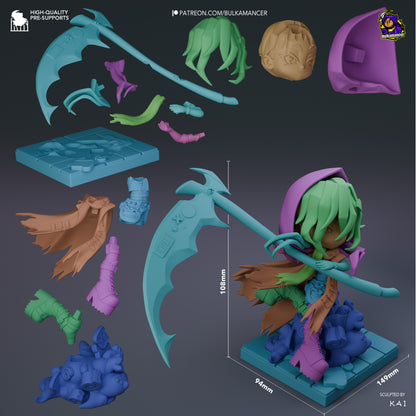 Chibi reaper figure shown in exploded view with individual parts including scythe, cloak, hair, arms, boots, pastry base, and tile base; assembled model displayed with dimensions 108mm height, 94mm width, and 149mm length.