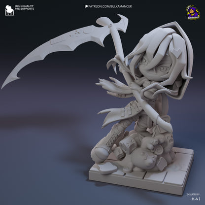 Unpainted chibi reaper figure front view holding large stylized scythe, wearing hooded cloak, layered clothing, boots, and posed atop sculpted pastry mound on square tile base.