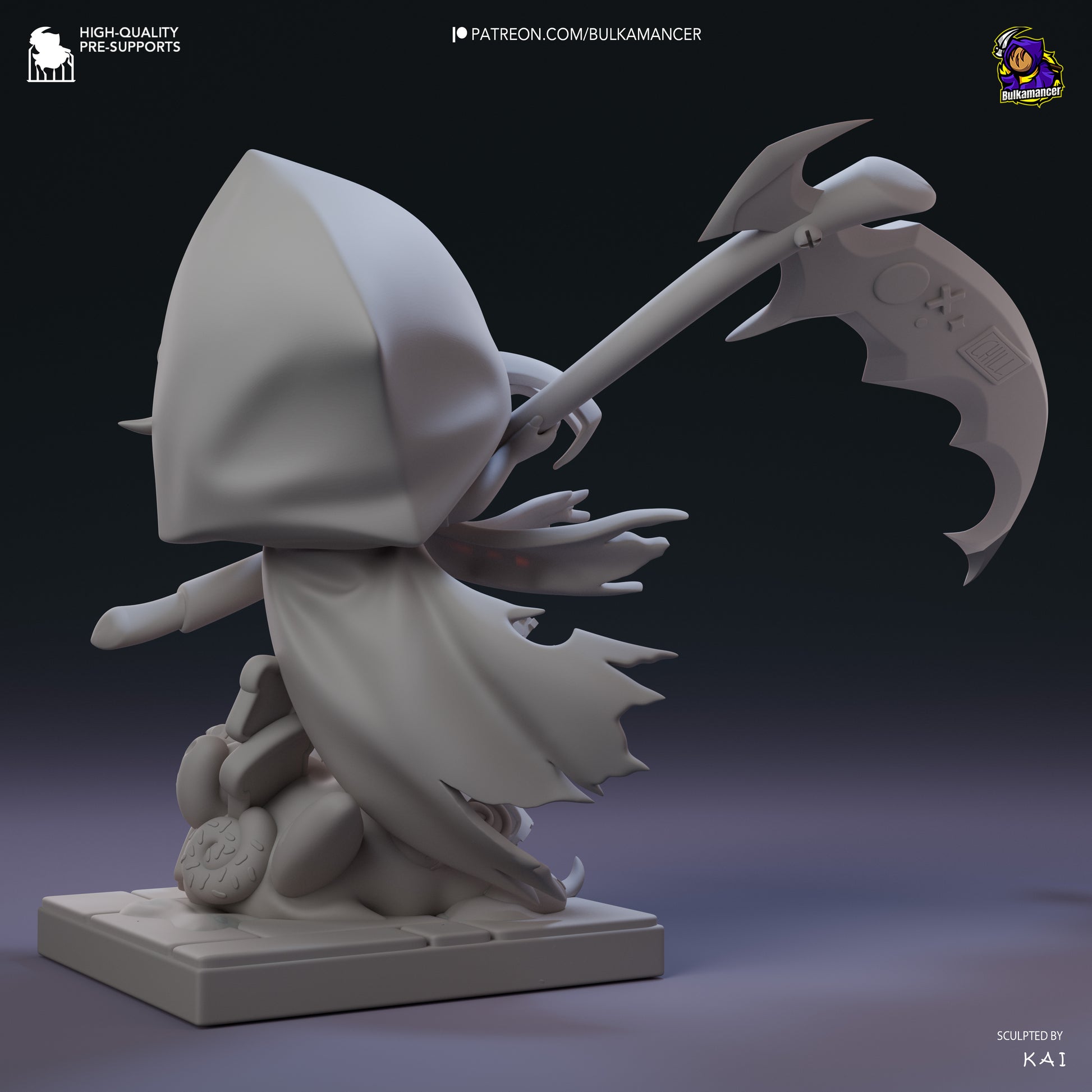 Unpainted chibi reaper figure rear view featuring torn hooded cloak, stylized scythe, layered outfit, and detailed pastry mound base on square tiles.