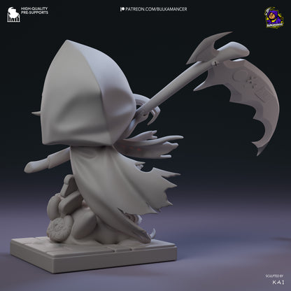 Unpainted chibi reaper figure rear view featuring torn hooded cloak, stylized scythe, layered outfit, and detailed pastry mound base on square tiles.